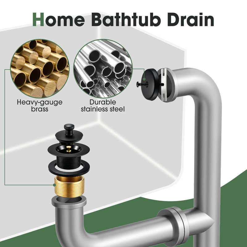 All Metal Bathtub Drain Kit,Toe Touch Tub Drain Stopper and Overflow Cover,Universal Lift & Turn Tub Drain Kit Assembly Fine/Coarse Thread(Matte Black)