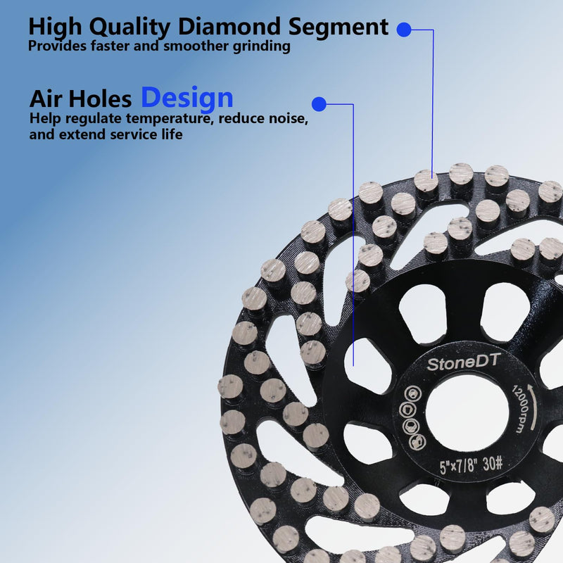 Diamond Grinding Wheel, 5 Inch Concrete Grinding Wheel for Concrete Surface, Epoxy, Paint Thin Coating Removal, Fit 7/8’’ Arbor for Angle Grinder, Dot Segments 30/40 Grit 30.0 Coarse 5''