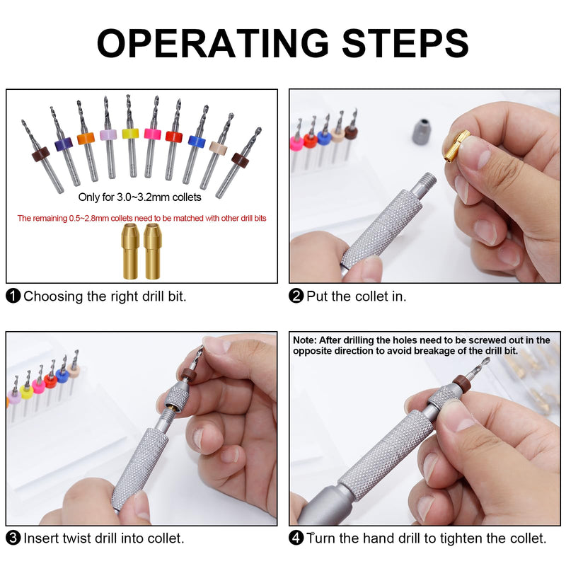 21 Pieces Hand Drill Bits Set Include 10 Pcs Metal Pin Vise Hand Drill Micro Mini Twist Drill Bits and 10 Pcs Mini Chuck Collet Set for Resin Polymer Wood Craft DIY Jewelry Making Carving
