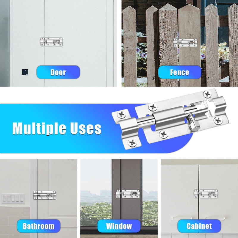 2 Pack Slide Lock, 3 Inch Barrel Bolt Latch, Premium Door Bolt Lock, Stainless Steel Slide Bolt Latch, Thickened Slide Latch Lock with 12 Screws, Slide Locks for Inside Door Silver - 2 Pack