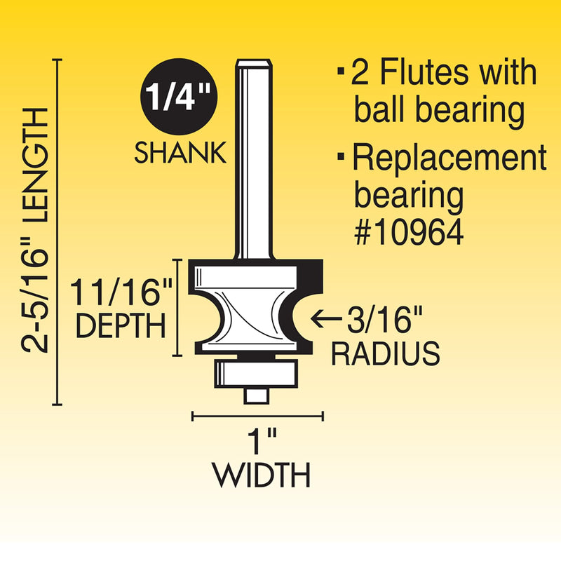 IVY Classic 10918 3/16-Inch Radius Edge Beading Carbide Router Bit with Ball Bearing, 1/4-Inch Shank, 1/Pouch Radius: 3/16", Width: 1"