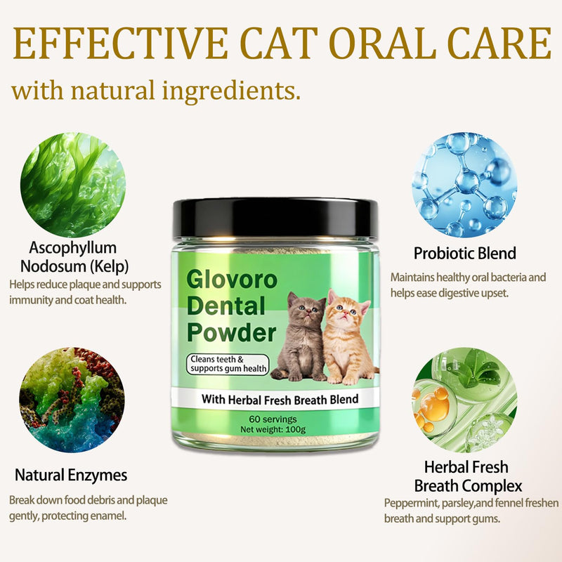 Glovoro Dental Powder for Cats, Cat Dental Powder, Relieve Gum Redness Tartar, Breath Freshener,Daily Dental Care Powder, 100g