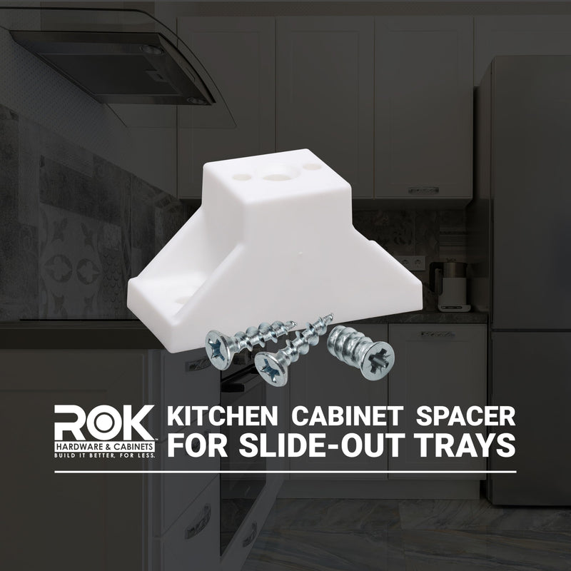 4 Pack Rok Hardware 1" (25mm) Drawer Slide Cabinet Side Spacers, Plastic Kitchen Cabinet Spacer for Slide-Out Trays, Screws Included, White - R013WHT 4
