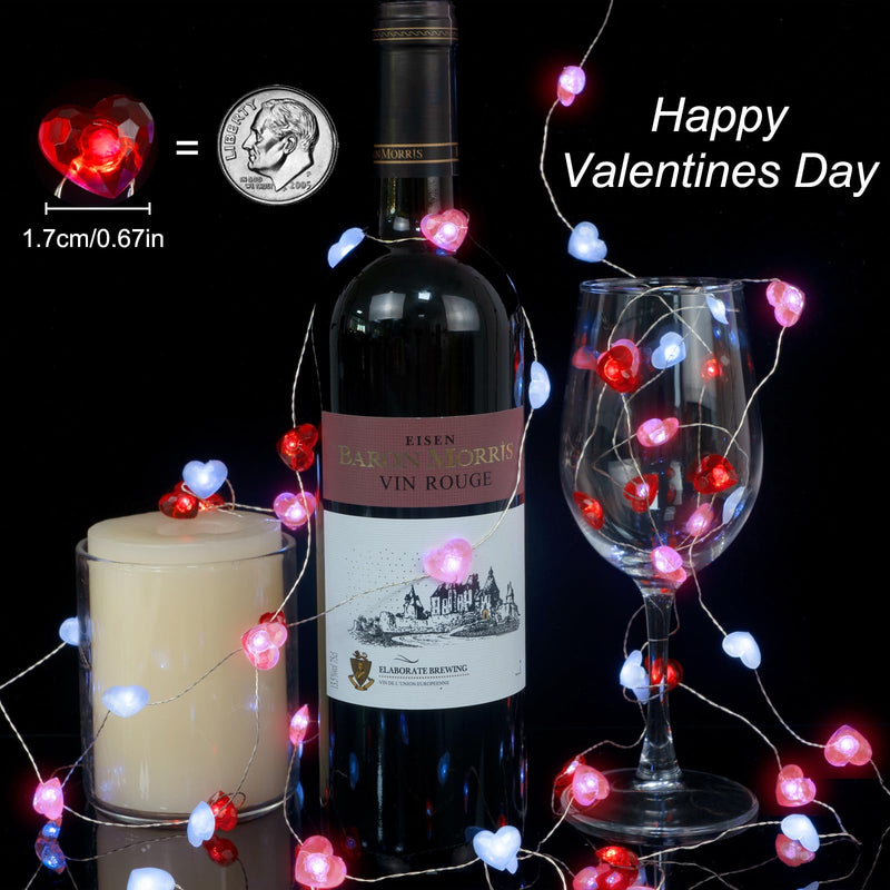 KAiSnova Valentine’s Day Fairy String Lights 10ft 40LEDs Red Pink White Heart Shaped Twinkle Fairy Lights Battery Operated with Remote for Indoor Bedroom Wedding Party Mother Day Decor Red, Pink, White
