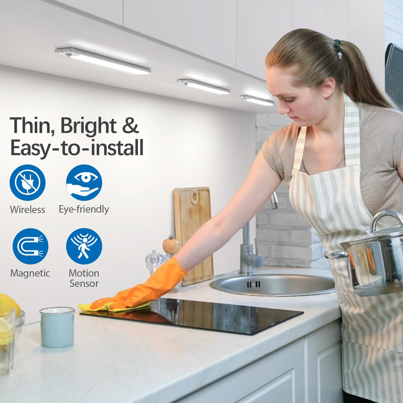 51-LED Motion Sensor Under Cabinet Light, 12-inch Magnetic Rechargeable Under Counter Closet Lights, Wireless Night Light Bar, 3-Pack, Cool White 12 inch