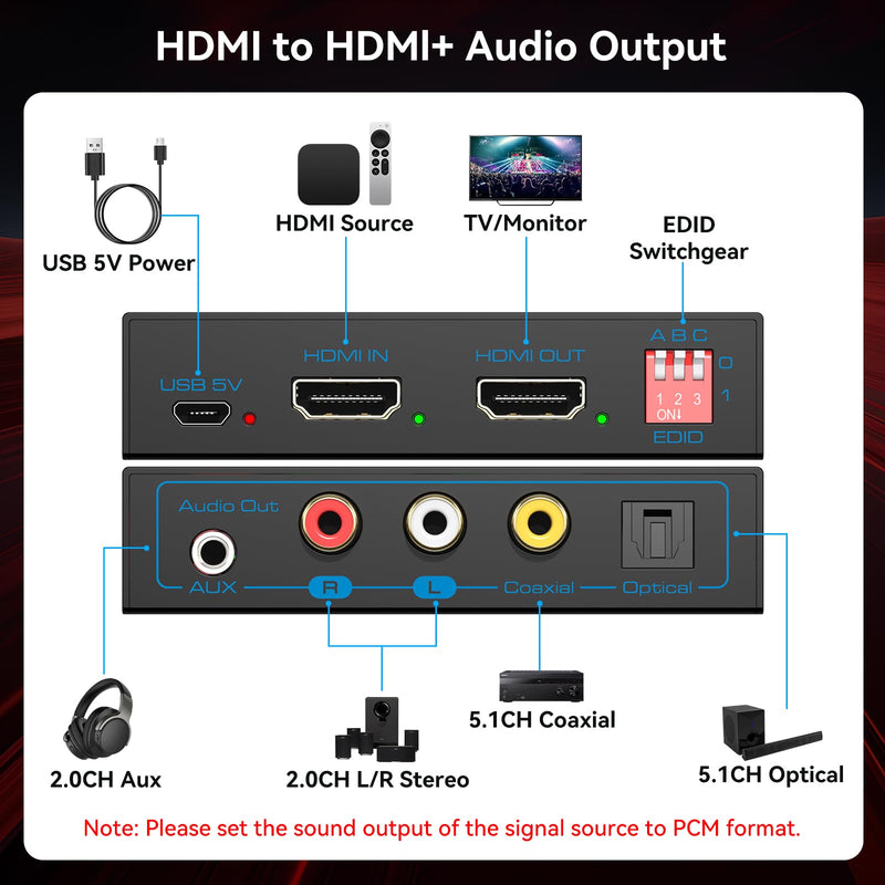 8K 60Hz HDMI Audio Extractor 4K 120Hz HDMI to Optical Coaxial AUX Converter Supports HDCP Digital DTS 5.1 EDID Management PCM 2.0 for Fire TV PS4 PS5 Xbox