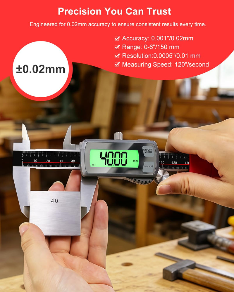 GODESON 6" Digital Caliper, USB-C Rechargeable Electronic Caliper, 0–150mm Stainless Steel, 0.02mm Accuracy, Backlit LCD, TouchButton,Inch/MM/Fraction, Measuring Tool for Woodworking, DIY