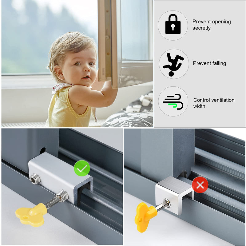 Window Locks, 4 Sets Sliding Security Window Lock with Key for Vertical & Horizontal Sliding Windows & Sliding Doors, Adjustable Window Locks Security Window Stoppers for Patio Bedroom Home and Office 4 Set Double Lock