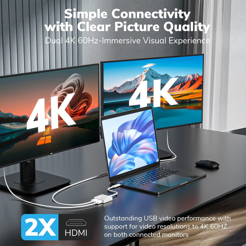 USB C to Dual HDMI Adapter 4K 60Hz - DisplayLink DL6950 Extend/Mirror to Dual Monitors for MacBook M1 M2 M3, Windows 11/10 PC, Android, Chrome OS - Thunderbolt & USB 3.0 A Compatible HDMI+HDMI