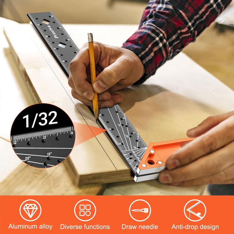 12” Woodworking Square Ruler - Preciva Right Angle Ruler Carpenter Square Layout Tool, Features Stainless Steel Blade, Retractable Ledge, 1/16” and 1/32” Notch Spacing and Multi-Angle Scribe Mark