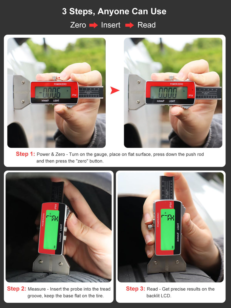 GODESON Tire Tread Depth Gauge,Rechargeable Digital Tire Depth Gauge - USB-C,3-Unit Switch (mm/Decimal/Fraction Inch), Backlit LCD Display, Auto Power Off, 0-32NDS for Car/SUV/Truck Wear Measurement