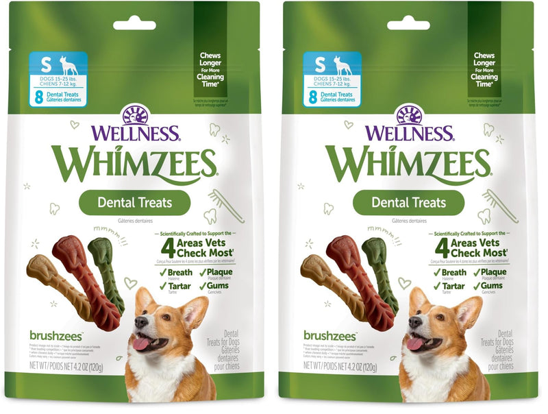 Whimzees Wellness Brushzees Dog Dental Treat, VOHC Accepted Chews, Freshens Breath, Small Size, 4.2 oz Bag, 8 Count (Pack of 2) Dental Small 8 Count (Pack of 2)