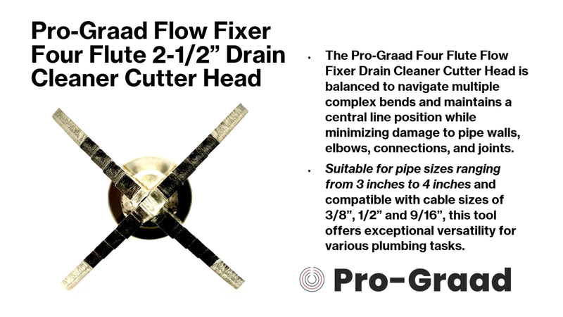 2-1/2” Spear 4 Flute Flow Fixer Drain Cleaner Plumbing Snake Cutter Head for 3” – 4” Pipes, Clears & Scrapes Inner Walls, Fits 3/8” 1/2" or 9/16” Cables, Commercial & Residential Use 2-1/2" Four Flute (for 3" - 4" pipes)