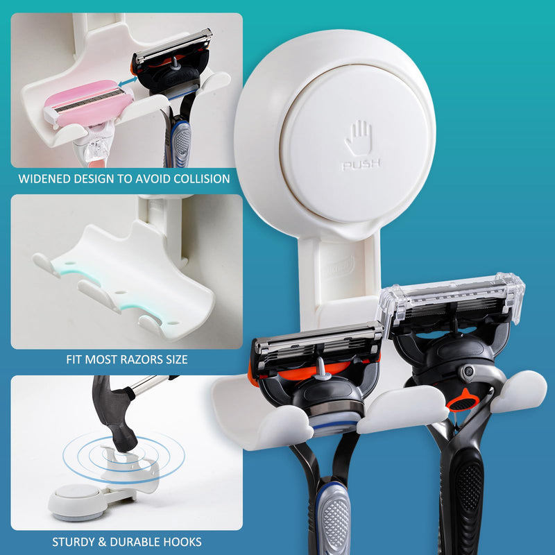 TAILI Suction Cup Razor Holder in Shower 2 Pack, Towel, Loofah, Shaver Holder for Bathroom Wall, Powerful Suction Cup Shower Hooks, Easy to Install and Reuse, White Razor Hook, White