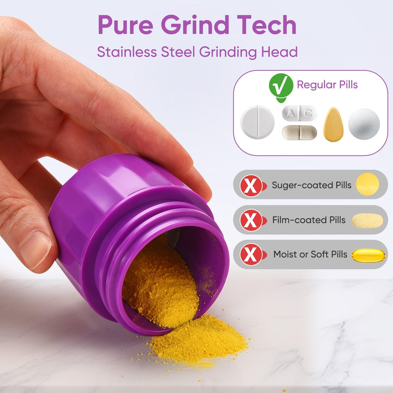 3-in-1 Pill Crusher and Pill Cutter, Pills Crusher Fine Powder with Stainless Steel Grinding Head, Pil Grinder with Storage for Tablets, Cutter Splitter for Small and Tiny Pills (Purple) Purple