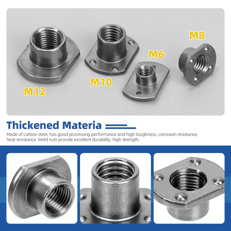 Glarks 32Pcs Weld Nuts Set, M6 M8 M10 M12 Tab Base UNC Carbon Steel Machine Screw T-Nuts 2 Projection 4 Projection for Furniture Vehicles Caster Industry Machine m6, m8, m10, m12