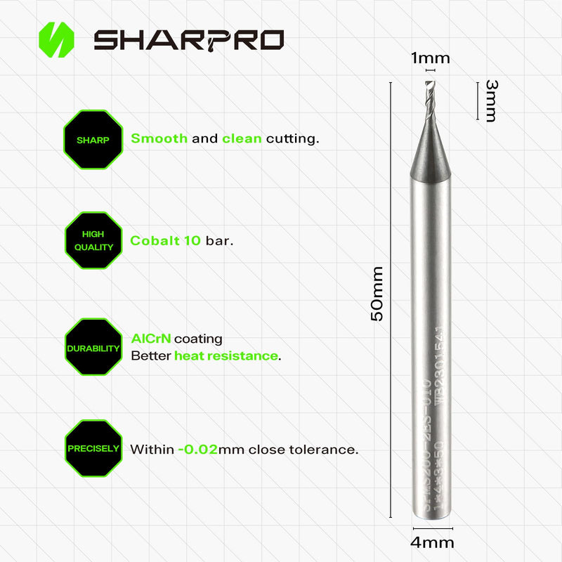 4mm Shank 1mm Cutting Dia. Carbide Square End Mill 2 Flute AlCrN Coated CNC Milling Bit, Faster chip Removal, Apply for Alloy Steel, Stainless Steel and Various Cast Iron.(5PCS) 4mm SHK 1mm DIA 5