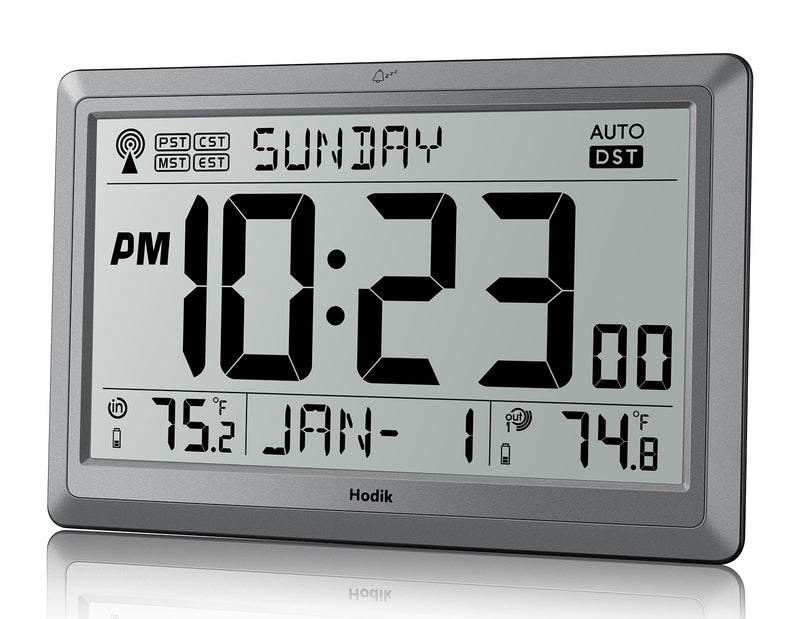 Wall Clock Atomic with Indoor Outdoor Temperature Battery Powered, Easy Reading with 10.5 Inch Large LCD Display, 330FT Range Table Wall Clock With DST, 12/24 Hour for Living Room Kitchen (Silver) Silver
