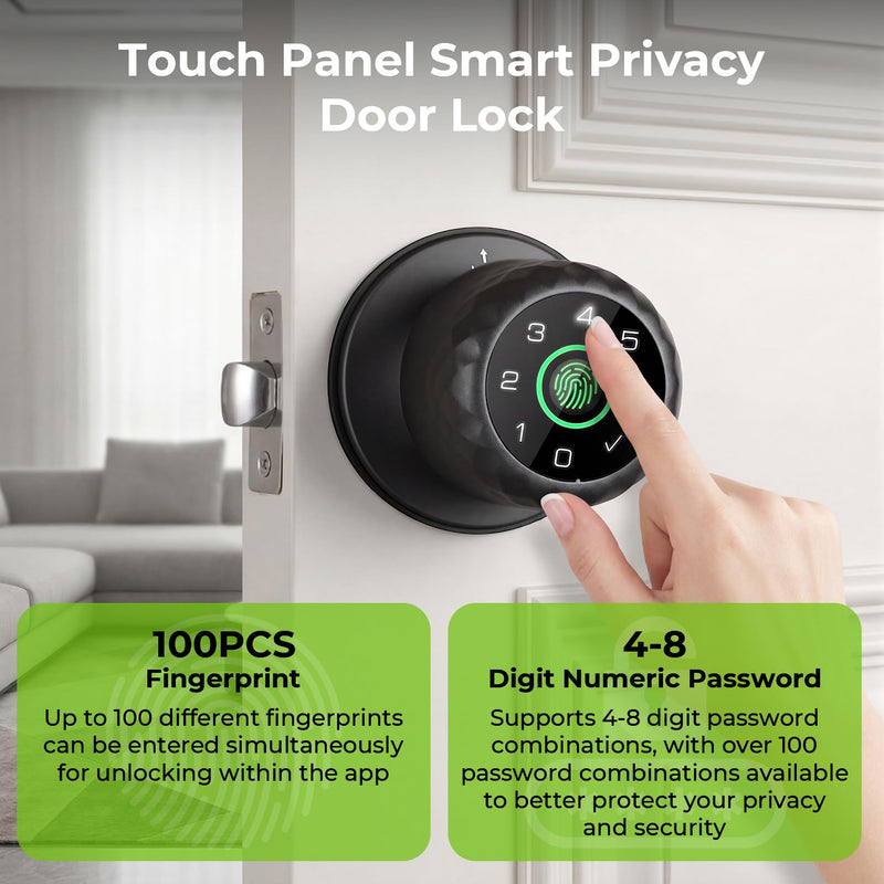 Smart Fingerprint Password Door Lock, Biometric Keyboard Door Knob Support 15M App Control & Auto Lock, 4-in-1 Rechargeable Door Lock with 2Keys for Home Office Apartment (Diameter 2.28"), Black