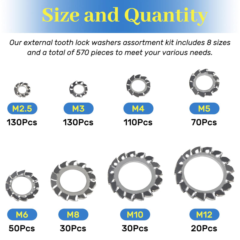 570Pcs External Tooth Lock Washers Multi-Tooth Star Locking Washers Assortment Kit 304 Stainless Steel Washer Sets M2.5 M3 M4 M5 M6 M8 M10 M12 Frequently Used in High-Vibration Environments External Tooth Washers-Silver