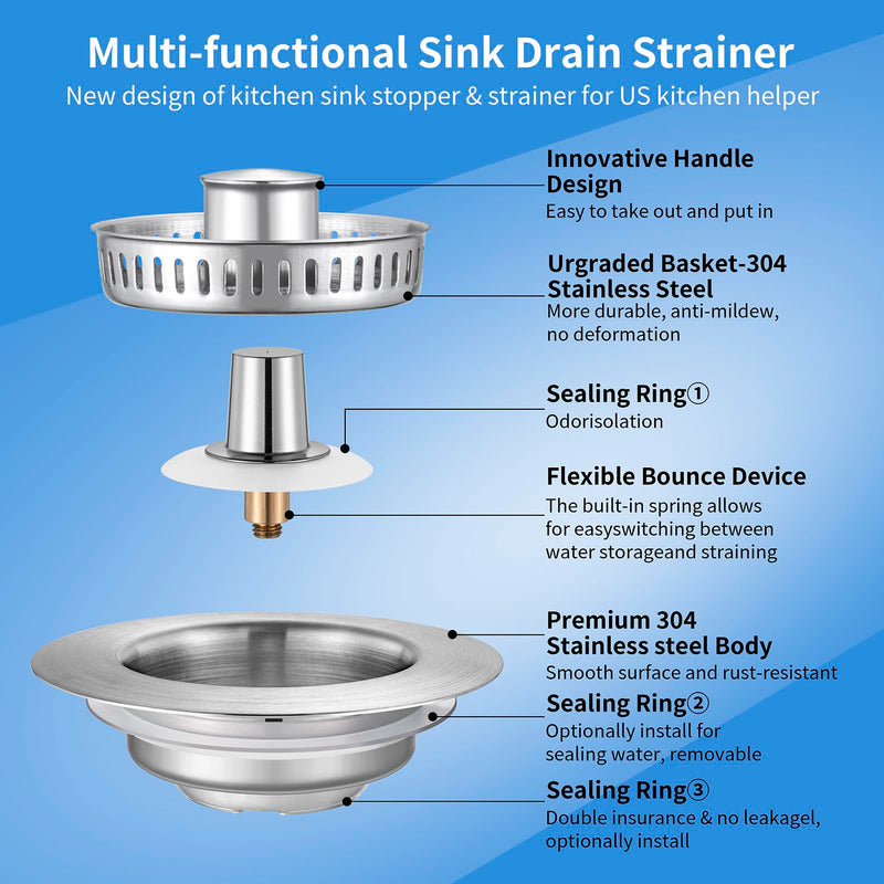 Upgraded 3 in 1 Kitchen Sink Drain Strainer - Stainless Steel Sink Stopper, Anti-Clogging Sink Food Catcher Basket, Fast Drainage Odor Filter Sink Plug for US Standard 3 1/2 inch Drain (Silver-1Pack) Silver-1pack