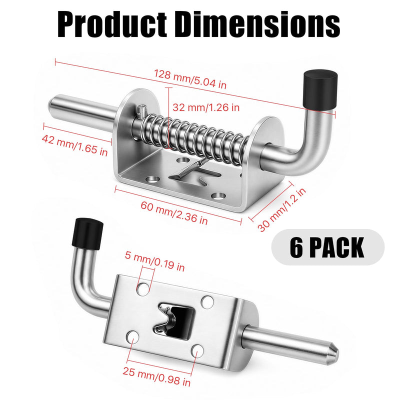 6 Pcs Barrel Bolt Latch Pin, 5 Inch Spring Loaded Latch Pin, 304 Stainless Steel Trailer Gate Spring Latch, Heavy Duty Spring Locking Barrel Bolt for Door Cabinet Chest Trailer Gate, Silver