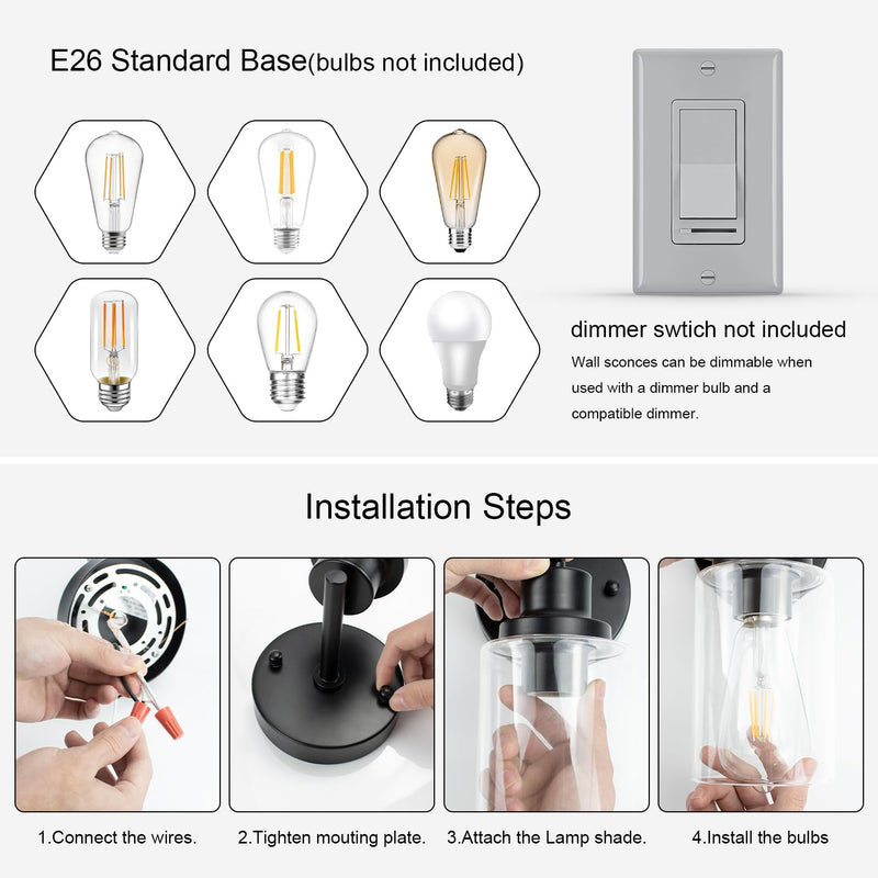 1-Light Bathroom Wall Sconce, Matte Black Vanity Light, Modern Wall Light Fixture with Clear Glass Shade and E26 Bulb Base, Wall Lamp Wall Mount Light Fixtures for Mirror, Bedroom, Hallway 1-Light