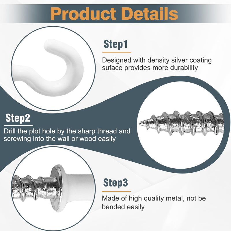 50 White Cup Hooks, 1/2 Inch Metal Screw-in Mini Hooks for Decorative Craft Hanging