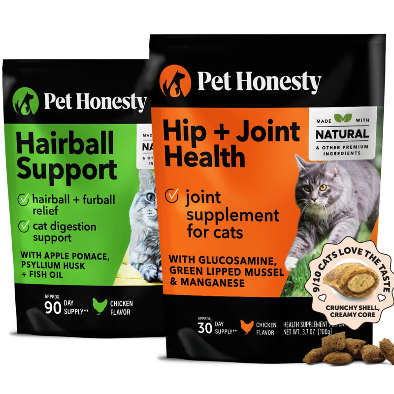 Cat Hairball Support + Cat Hip & Joint Support Dual Texture Chew Supplement Bundle - Hairball Solution, Supports Skin & Coat and Digestion, Glucosamine Joint Support Supplement
