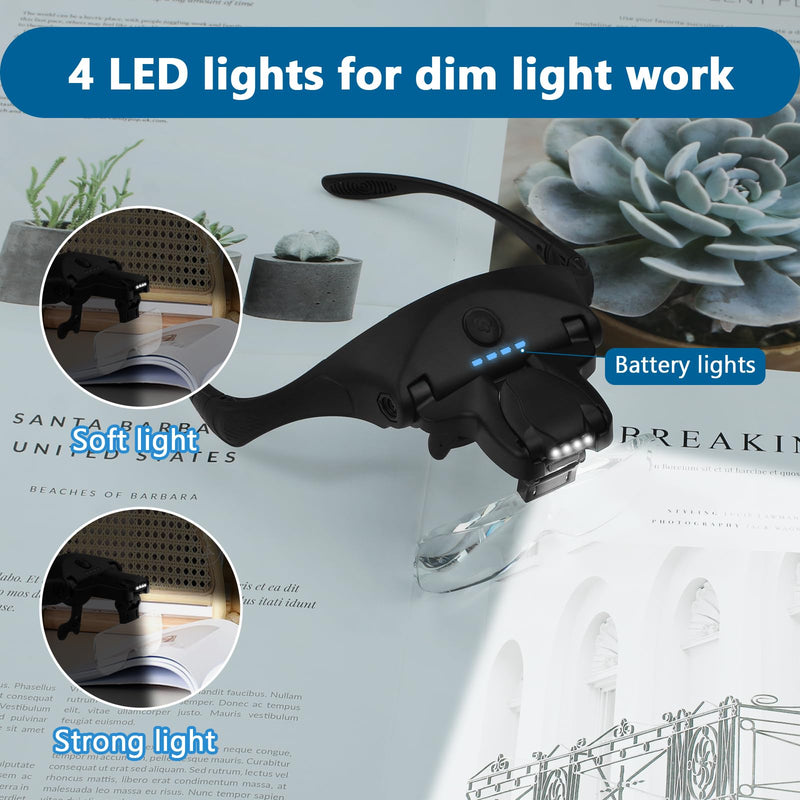 Headband Magnifying Glass with 4 LED Lights, Rechargeable Head Magnifier with 5 Detachable Lenses 1.0X, 1.5X, 2.0X, 2.5X 3.5X - Hands Free Lighted Magnifier Glass for Jewelry, Crafts, Cross Stitch Black 1.0X, 1.5X, 2.0X, 2.5X, 3.5X Head Magnifying Glass