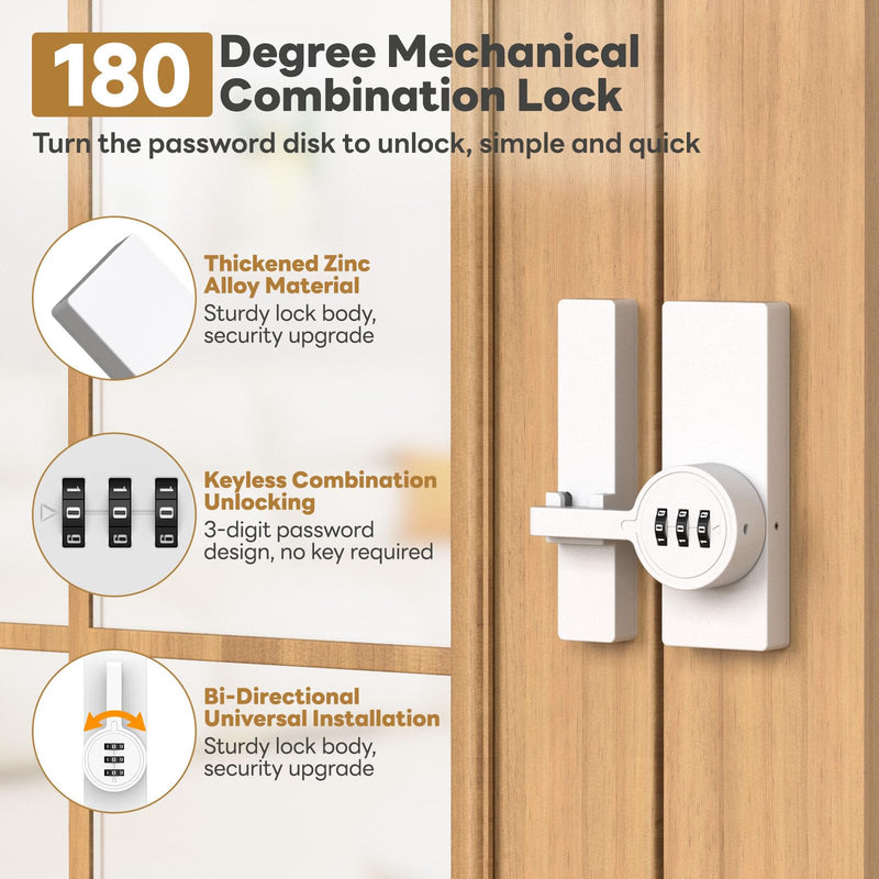 180 Degree Flip Barn Door Lock, Password Keyless Adhesive Sliding Door Lock, 3-Digit Combination Security Cabinet Latch for Gate, Storage, Closet - Paste/Screw Mount (White-2PCS) White-2PCS