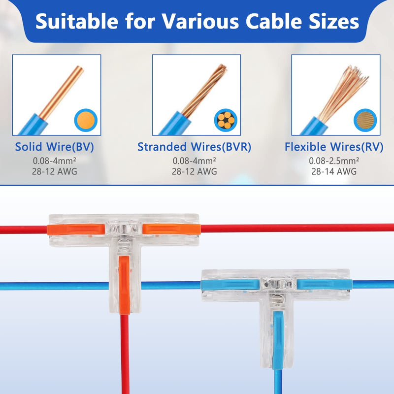 10 pcs 1 Conductor Compact Wire Connectors Splicing Connectors and 10 pcs Quick Splitter 3 Pin 1 Way Wire Connector (T-Shape Lever Nut Wire Connector), 28-12 AWG