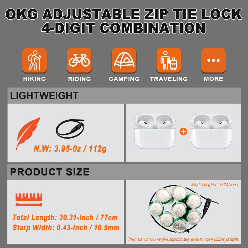 OKG Zip Tie Combination Lock - 2.3 Foot Extended Stainless Steel Adjustable Cable Lock with Anti-Scratch Protection- Secure Bikes, Helmets, Skis, Kayak, Luggage, and Fence Gate Doors (Black)