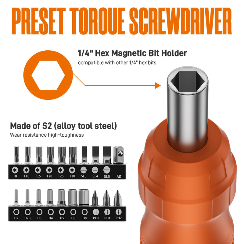 Torque Screwdriver Set, 10-70 In-lb / 1.1-7.8 Nm, 1/4” Drive Torque Wrench Screwdriver Electrician with Range & Audible Click for Scope Mounting Gunsmith Bike Repair