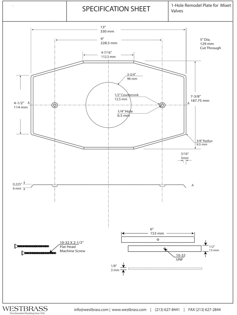 Westbrass A504-26 Two-Hole Remodel Cover Plate for Bathtub and Shower Valves, Polished Chrome