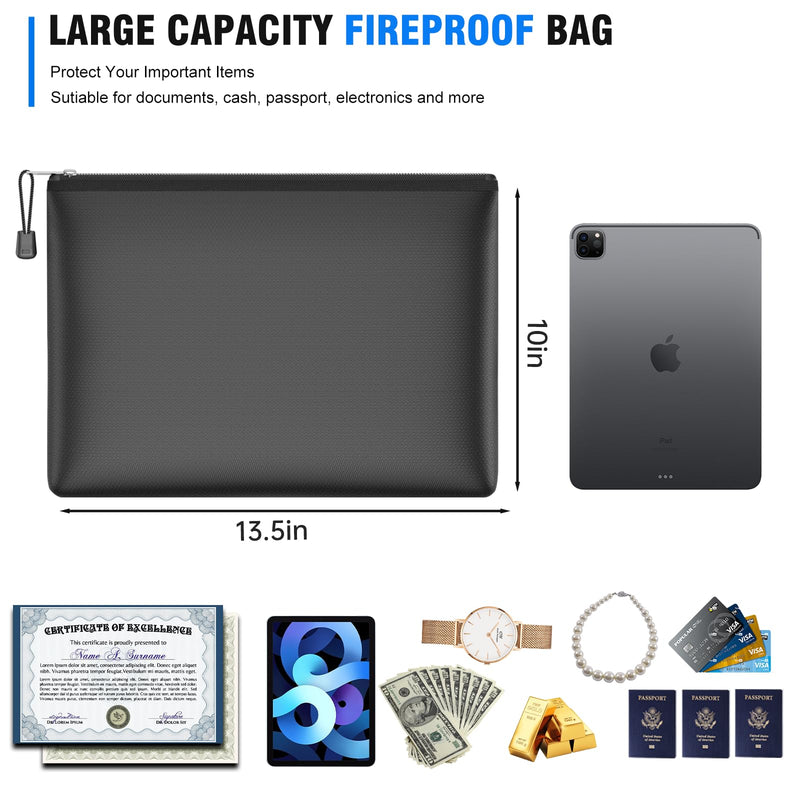 5pcs Fireproof Zipper Bags, A4 Zipper Pouches for Organizing Storage, Water-Resistant Document Bags(13.5"x10"), Letter Size, File Bags for Home, Office, School, Travel, Cash, Passport, Black