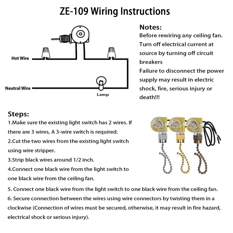 Ceiling Fan Switch Zing Ear ZE-109,Two-Wire On-Off Light Switch for Hunter Ceiling Fans Lamp and Wall Lights Replacement (Bronze Pull Chain) Bronze