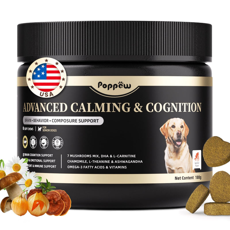 Advanced Calming Chews for Dogs-Brain & Composure Support with 7 Mushrooms, Ashwagandha, Omega-3 DHA & EPA, All Breeds & Sizes, Salmon Flavor, 90Ct