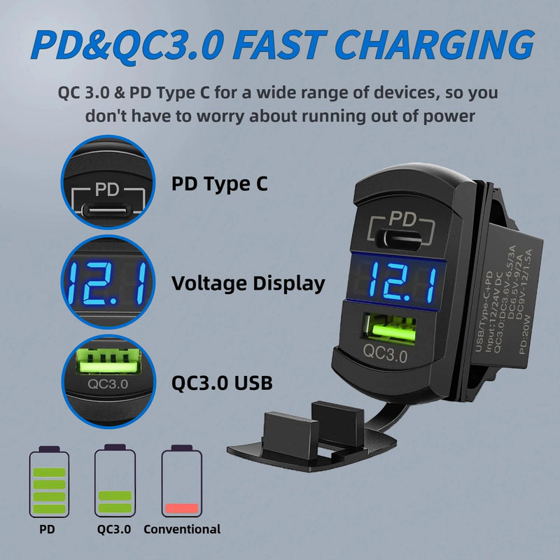 9 Gang 12V Boat Rocker Switch Panel with PD Type C and USB Charger DC 12-24V LED Voltmeter, Boat Toggle Dash 5 Pin SPST ON/Off Pre-Wired Rocker Switch for Car Car RV ATV UTV Truck Yacht Ship 9 Gang+PD