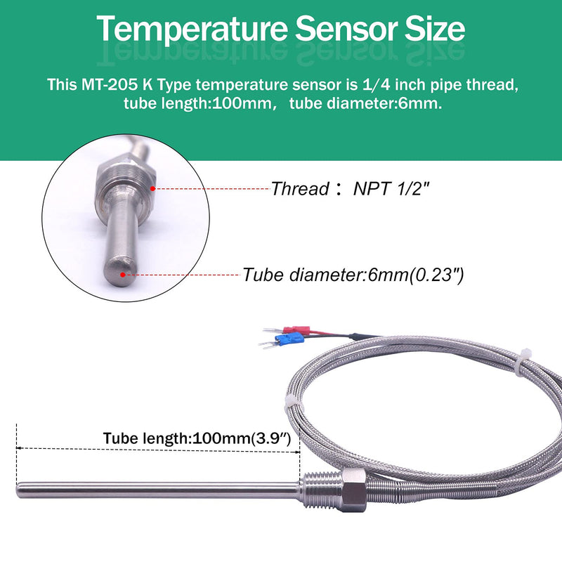 Twidec/2M NPT 1/4" inch (6X100MM) Pipe Thread Temperature Sensor Probe Two Wire Temperature Controller (0~600℃) 304 Stainless Steel K Type Thermocouple MT-205-1/4 1/4" 6x100mm