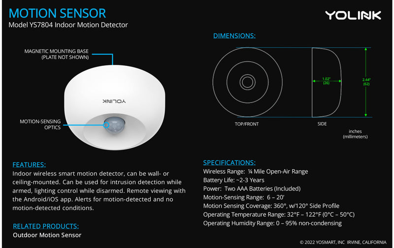YoLink SpeakerHub & Two Motion Sensor Smart Home and Security Kit – Audio Hub Plays Tones/Sounds, Spoken Messages, LoRa-Powered ¼ Mile Range, WiFi Required Indoor IPR, 2-Pack