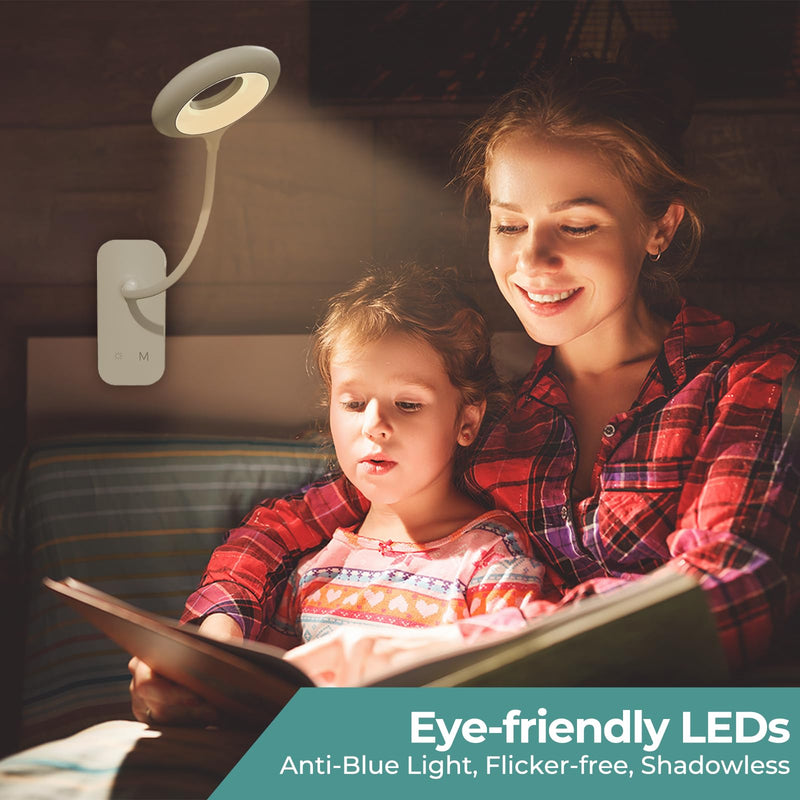 CUHIOY Clip on Reading Light for Bed Headboard, Rechargeable Battery Clamp on Bunk Bed Light, 5 Colors 5 Brightness Flexible Neck Desk Lamp, Eye Protect LED Touch Control Book Lights at Night for Kids 1Pack White