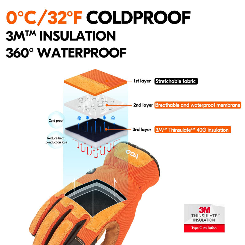 Vgo... 1-Pair Gardening Gloves Men, Safety Work Gloves, Puncture-proof, Thornproof, Touchscreen (SL7475) Large Orange Winter