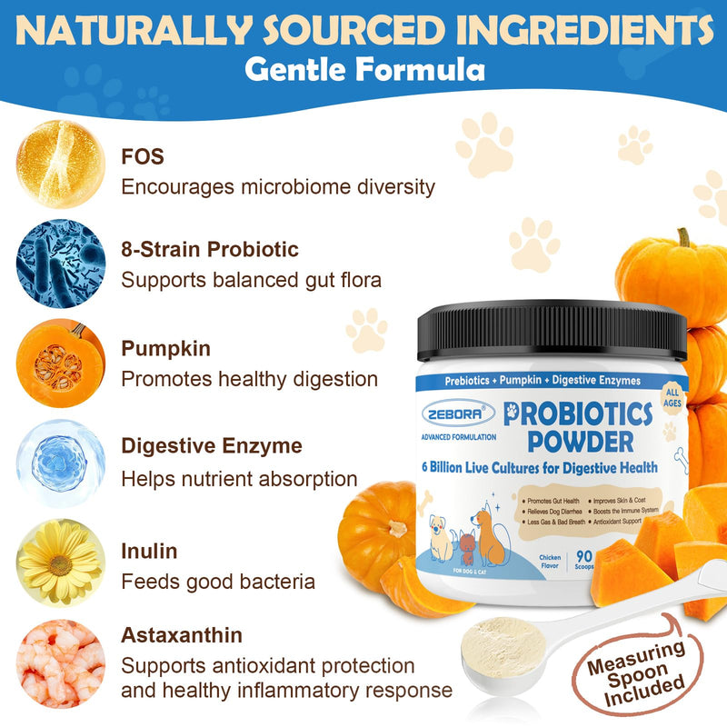 ZEBORA Probiotics for Dogs, Probiotic Powder with Pumpkin, Prebiotics & Digestive Enzymes, 6 Billion CFUs Dog Probiotics for Digestive Health, Gut & Immune Health, Chicken Flavor, 90 Scoops 9.52 Ounce (Pack of 1)