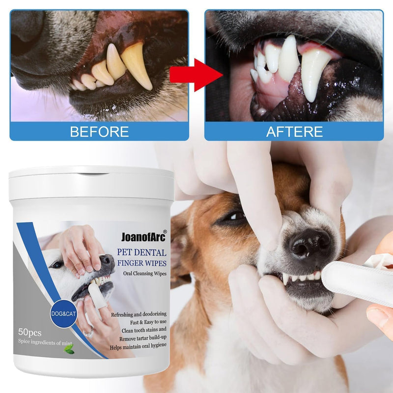 Dog Dental Finger Wipes for Teeth Cleaning Plaque Off, Dental Care for Dogs & Cats, Stain & Tartar Remover for Teeth, Finger Toothbrush Wipes, Fresh Breath & Gum Care with Zinc + Green Tea - 50pc