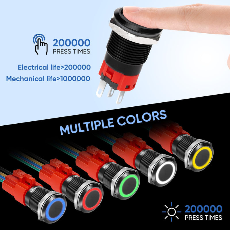 16MM Latching 12V Push Button Switch On Off,Waterproof with LED Light Power Button Switch for car，0.63" Mounting Hole with Wire Socket Plug Self-Locking(Ring White LED/Black Shell) Black Shell