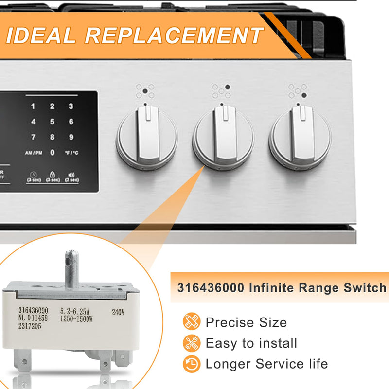 316436000 316021500 Surface Burner Control Switch Fits Frigidaire 6 Inch Range Surface Element Control Switch Replacement Replace Model: 1155394, EA1145039, PS1145039, AH1145039, AP3890378 316436000