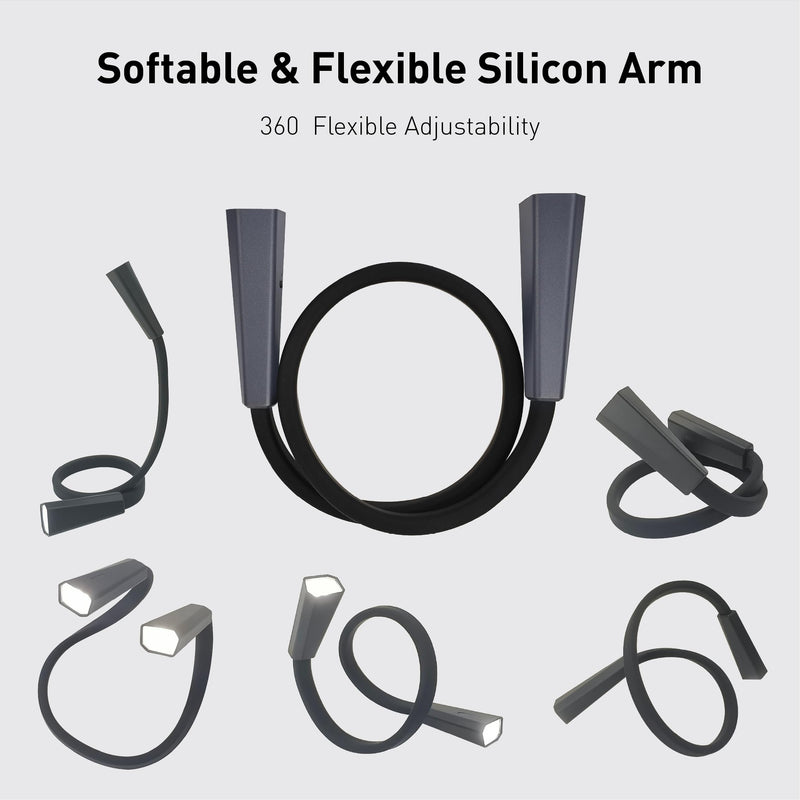 Silver LED Neck Rechargeable Reading Light, Multifuntion Book Light for Reading in Bed and Camping, 4 Brightness Levels, Bendable Arms, Super Soft Materials Made Comfort & Lightweight Silver