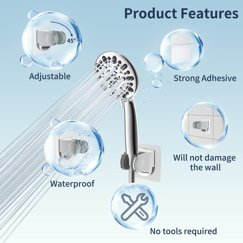 Hibbent Shower Head Holder, Strong Adhesive and Waterproof Handheld Shower Holder, Shower Head Bracket, Height Adjustable Shower Wand Holder, Wall Mount, No Drilling, Chrome Finish 1 Pack Silver