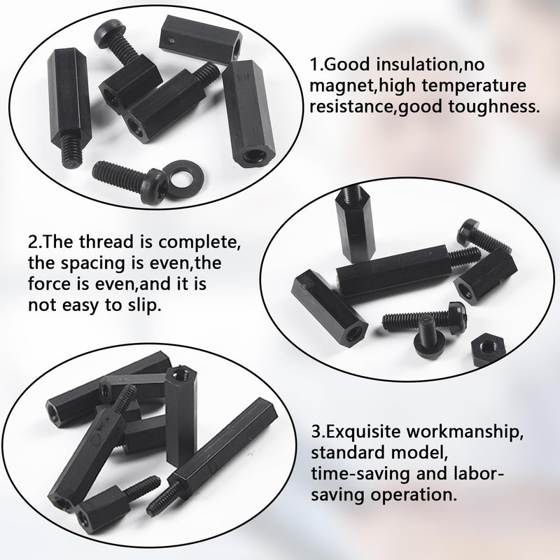 350Pcs M3 Male Female Nylon Hex Spacer Standoff Screws Nuts Motherboard Standoffs and Screws Assortment Kit Threaded Pillar for PCB Motherboard Circuit Board Black 350pcs M3